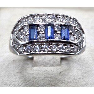 Sterling Silver 925 Ring With Blue Sapphire Baguettes & White CZ Accents Size 7